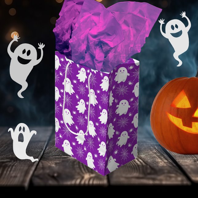 Cute Ghosts | Spiders | Spider Webs Halloween Medium Gift Bag (Cute Ghosts | Spiders | Spider Webs Halloween Purple and White Gift Bag)