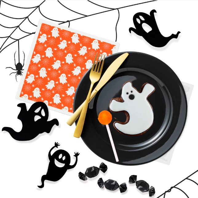 Cute Ghosts | Spiders | Spider Webs Halloween Napkin (Cute Ghosts, Spiders and Spider Webs Halloween Orange and White Patterned Napkins)