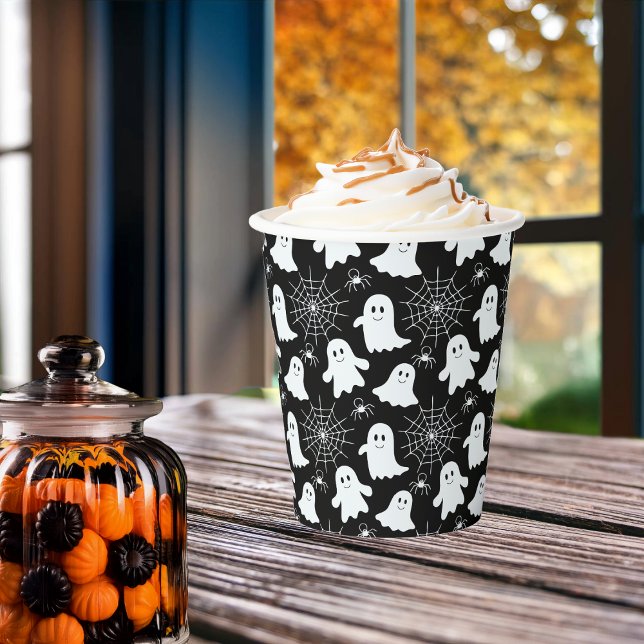 Cute Ghosts | Spiders | Spider Webs Halloween Paper Cups (Cute Ghosts, Spiders and Spider Webs Halloween Black and White Patterned Paper Cups)