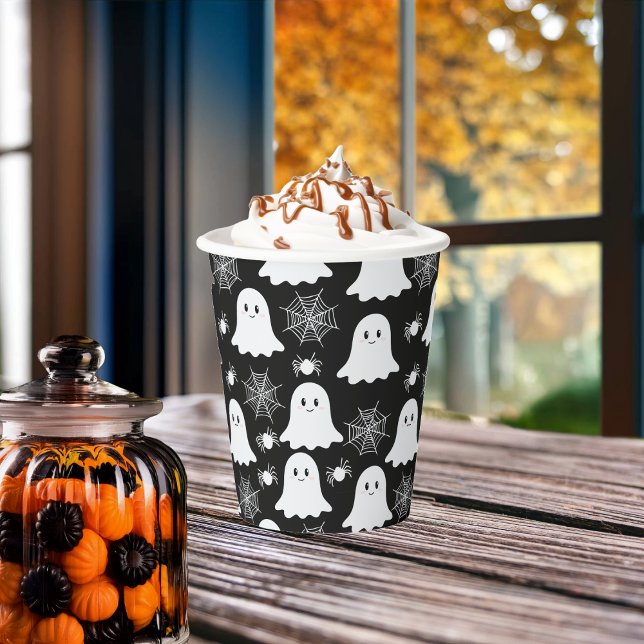 Cute Ghosts | Spiders | Spider Webs Halloween Paper Cups (Cute Ghosts, Spiders and Spider Webs Halloween Black and White Patterned Paper Cups)