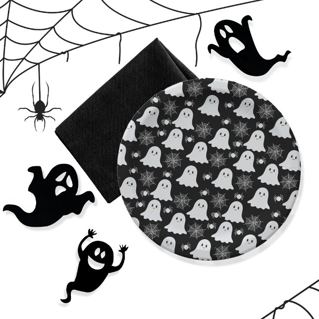 Cute Ghosts | Spiders | Spider Webs Halloween Paper Plate (Cute Ghosts, Spiders and Spider Webs Halloween Black and White Patterned Party Paper Plates)