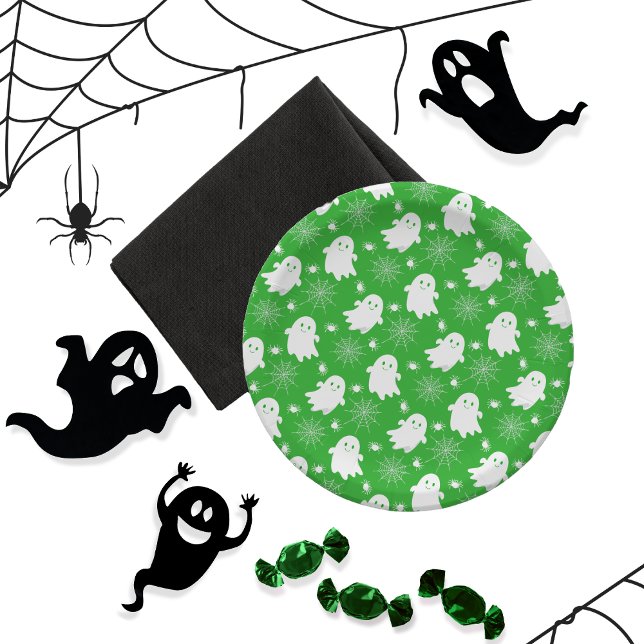 Cute Ghosts | Spiders | Spider Webs Halloween Paper Plate (Cute Ghosts, Spiders and Spider Webs Halloween Green and White Patterned Paper Plates)