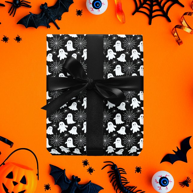 Cute Ghosts | Spiders | Spider Webs Halloween Wrapping Paper (Cute Ghosts, Spiders and Spider Webs Halloween Black and White Patterned Wrapping Paper)