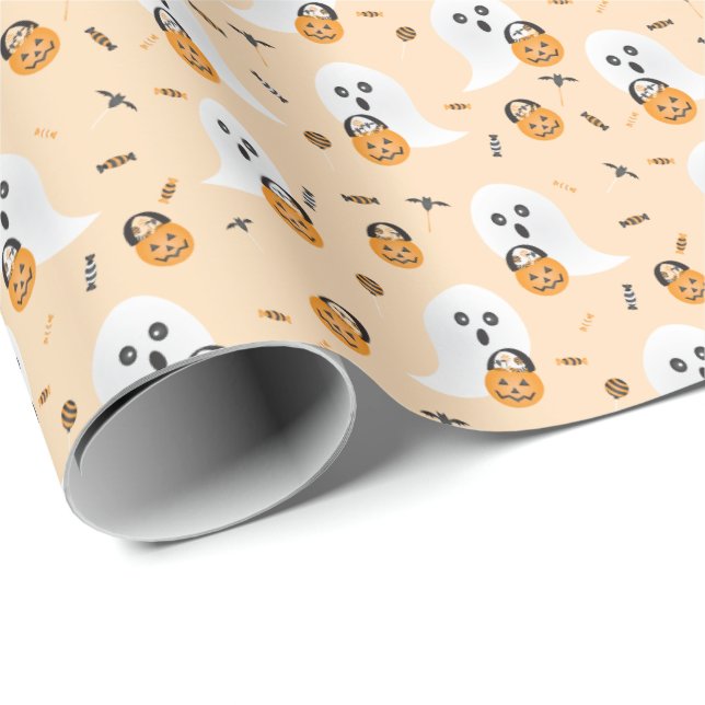 Cute Ghosts Trick Or Treating Candy Pattern Orange Wrapping Paper (Roll Corner)