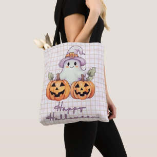 Cute Ghosts Witch Hat Gold Glitter Happy Halloween Tote Bag