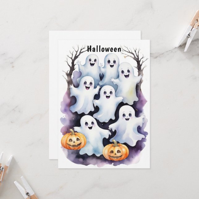 Cute Ghosts with Pumpkins Halloween Illustration Invitation (Front/Back In Situ)