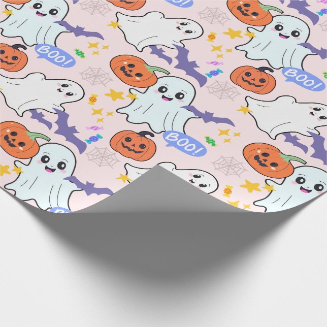Cute Ghosts with Pumpkins Halloween Wrapping Paper (Corner)