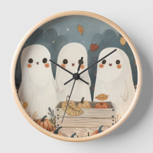 Cute Ghosts with Pumpkins Whimsical Halloween Clock