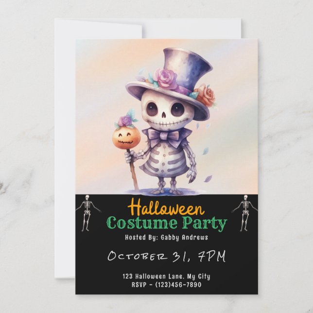 Cute Ghoul in Top Hat and Bow Tie Black Halloween Invitation (Front)