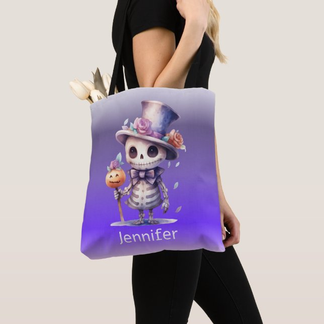 Cute Ghoul in Top Hat and Bow Tie Halloween Tote Bag (Close Up)