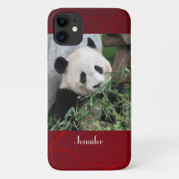 Cute Giant Panda with Name Red Swirly Background