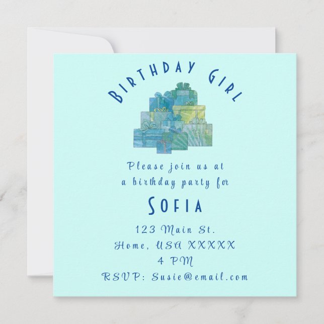 Cute Gifts for Birthday Girl Blue Green Invitation (Front)