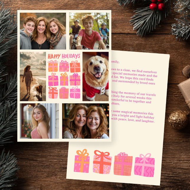 Cute Gifts Presents Hand-Drawn CUSTOM 6 PHOTO  Holiday Card (Cute Gifts Presents Hand-Drawn CUSTOM 6 PHOTO Pink Christmas Holiday Card
)