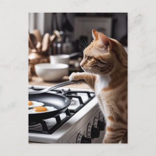 Cute Ginger Cat Cooking Eggs For Breakfast Postcard