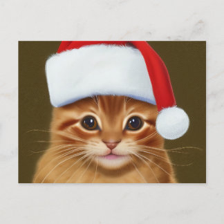 Cute Ginger Cat Face with Santa Hat on  Holiday Postcard