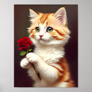 Cute Ginger Cat Holding a Red Rose. Oil Painting. Poster