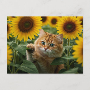 Cute Ginger Cat in Sunflowers Postcard