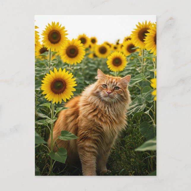 Cute Ginger Cat in Sunflowers Postcard (Front)