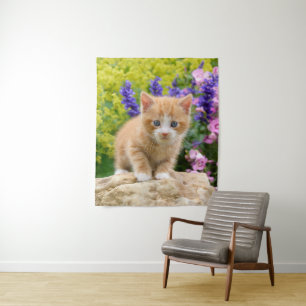 Cute Ginger Cat Kitten in a Flowery Garden Photo - Tapestry