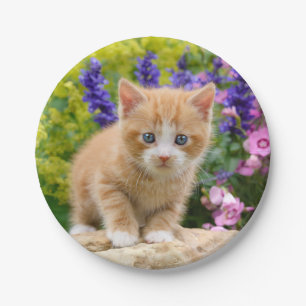 Cute Ginger Cat Kitten in Flowers - Funny Party Paper Plate