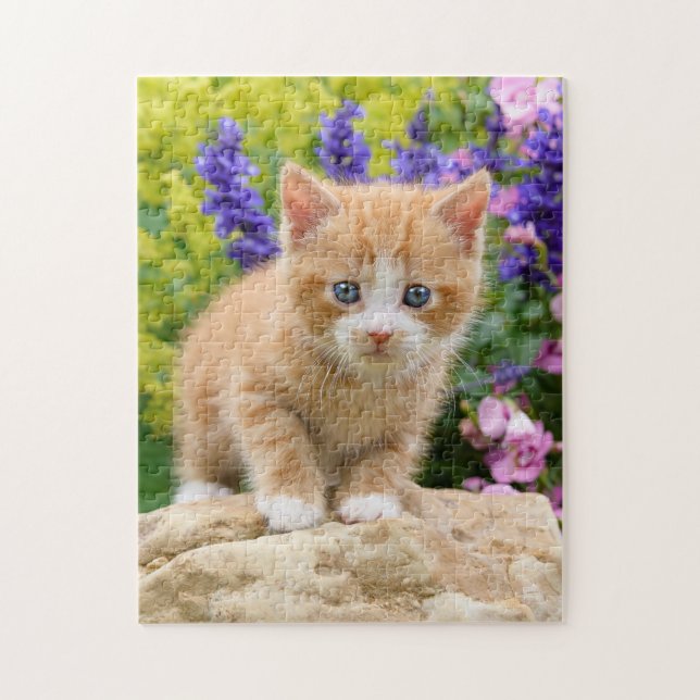 Cute Ginger Cat Kitten in Flowery Garden _ Game Jigsaw Puzzle (Vertical)