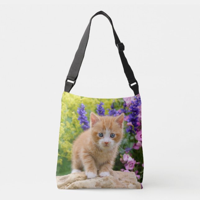 Cute Ginger Cat Kitten in Flowery Garden  Photo on Crossbody Bag (Front)
