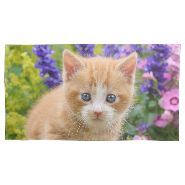 Cute Ginger Cat Kitten in Flowery Garden Photo _ Pillowcase (Front)