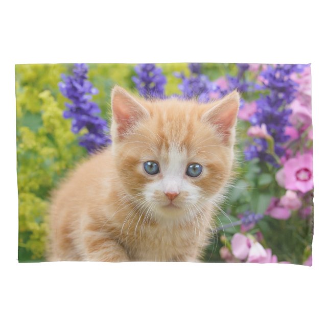 Cute Ginger Cat Kitten in Flowery Garden Portrait Pillowcase (Front)