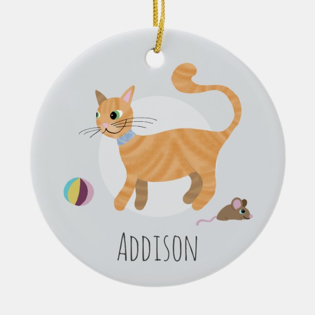 Cute Ginger Cat Paw Print Happy Holiday Ceramic Ornament (Front)