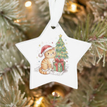 Cute Ginger Cat Santa Hat Christmas Ornament | Cat