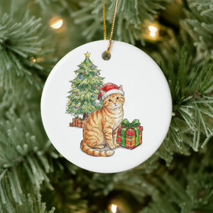 Cute Ginger Cat Santa Hat Christmas Ornament Cat