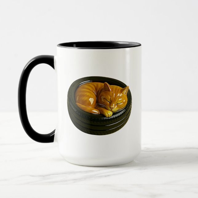 Cute Ginger Cat Sleeping in Tire Mug (Left)