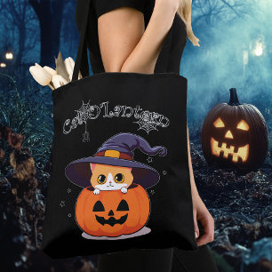 Cute Ginger Cat Witch in Halloween Jack-O-Lantern Tote Bag