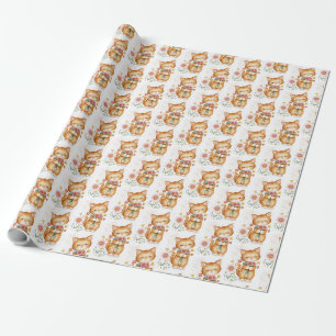 cute ginger cat with flowers wrapping paper