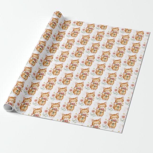 cute ginger cat with flowers wrapping paper (Unrolled)