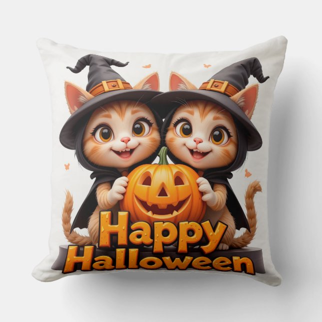 Cute Ginger Cats in Witch Hats Halloween Pumpkins Cushion (Front)