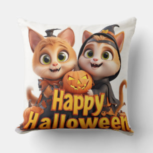 Cute Ginger Cats in Witch Hats Halloween Pumpkins Cushion