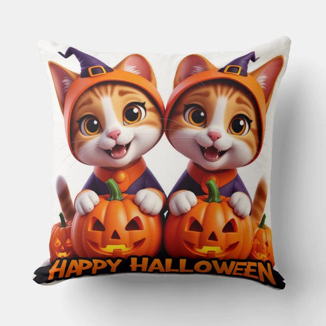 Cute Ginger Cats in Witch Hats Halloween Pumpkins Cushion (Front)