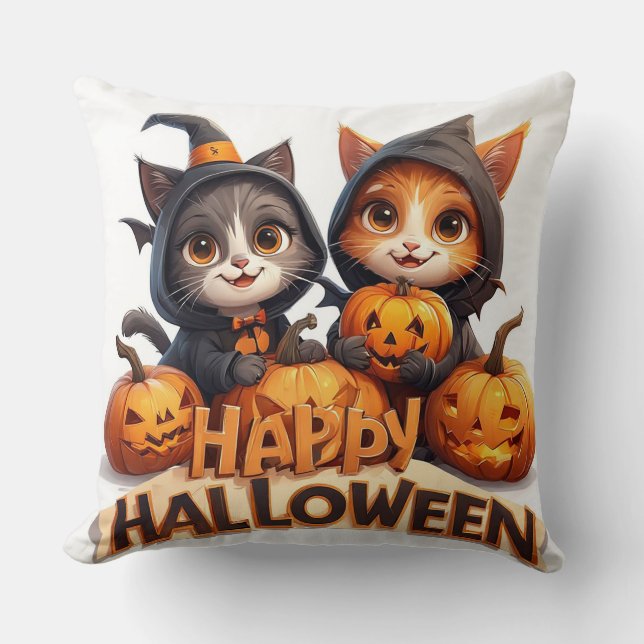 Cute Ginger Cats in Witch Hats Halloween Pumpkins Cushion (Front)