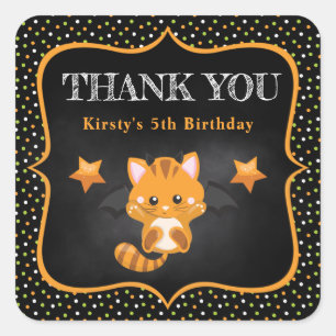 Cute Ginger Halloween Cat & Polka Dots Birthday Square Sticker