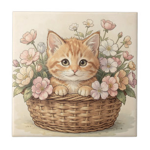 Cute Ginger Kitten Flower Basket Ceramic Tile