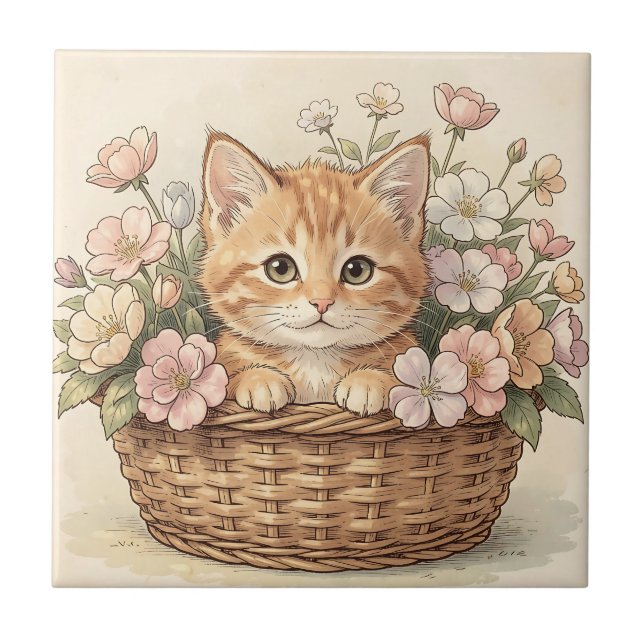 Cute Ginger Kitten Flower Basket Ceramic Tile (Front)