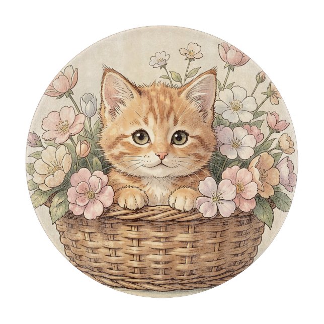 Cute Ginger Kitten Flower Basket Cutting Board (Front)
