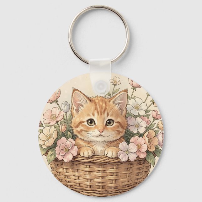 Cute Ginger Kitten Flower Basket Key Ring (Front)