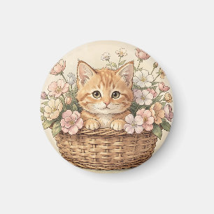 Cute Ginger Kitten Flower Basket Magnet