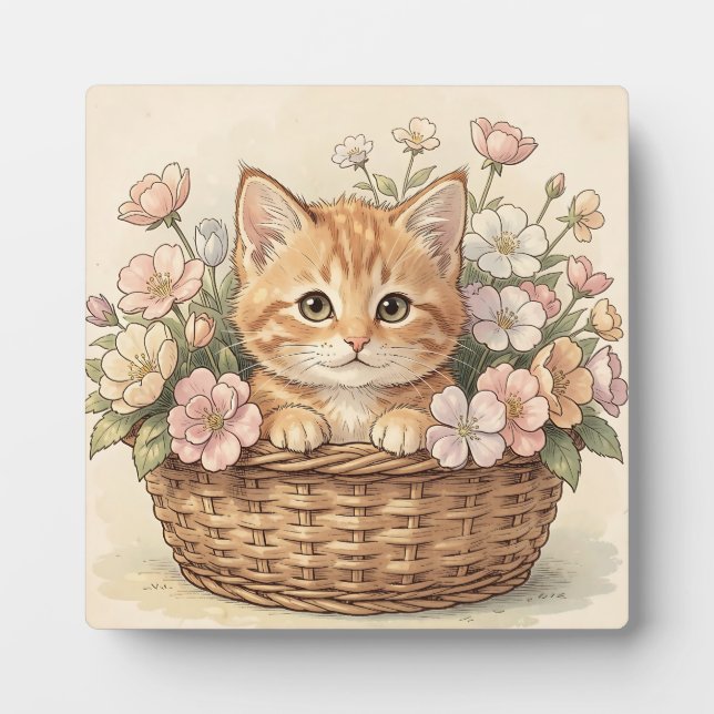 Cute Ginger Kitten Flower Basket Plaque (Front)