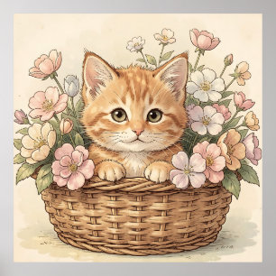 Cute Ginger Kitten Flower Basket Poster