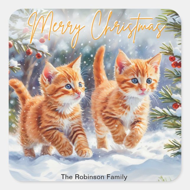 Cute Ginger Kittens Cats In Snow Merry Christmas Square Sticker (Front)