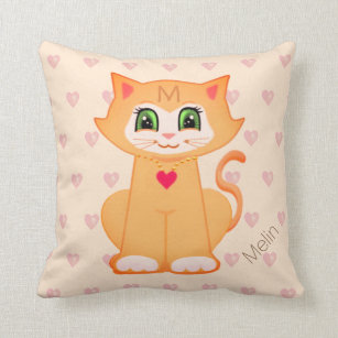 Cute Ginger Kitty Cat Cartoon & Hearts on Coral Cushion