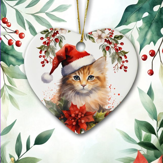Cute Ginger Orange Cat Holly Berry Christmas Ceramic Ornament (Creator Uploaded)